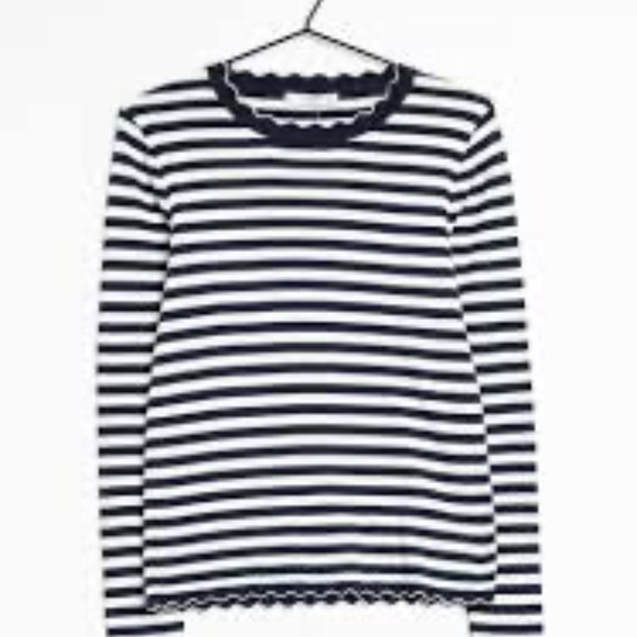 Mango Striped Scalloped Sweater White Dark Navy size Small - Picture 2 of 7